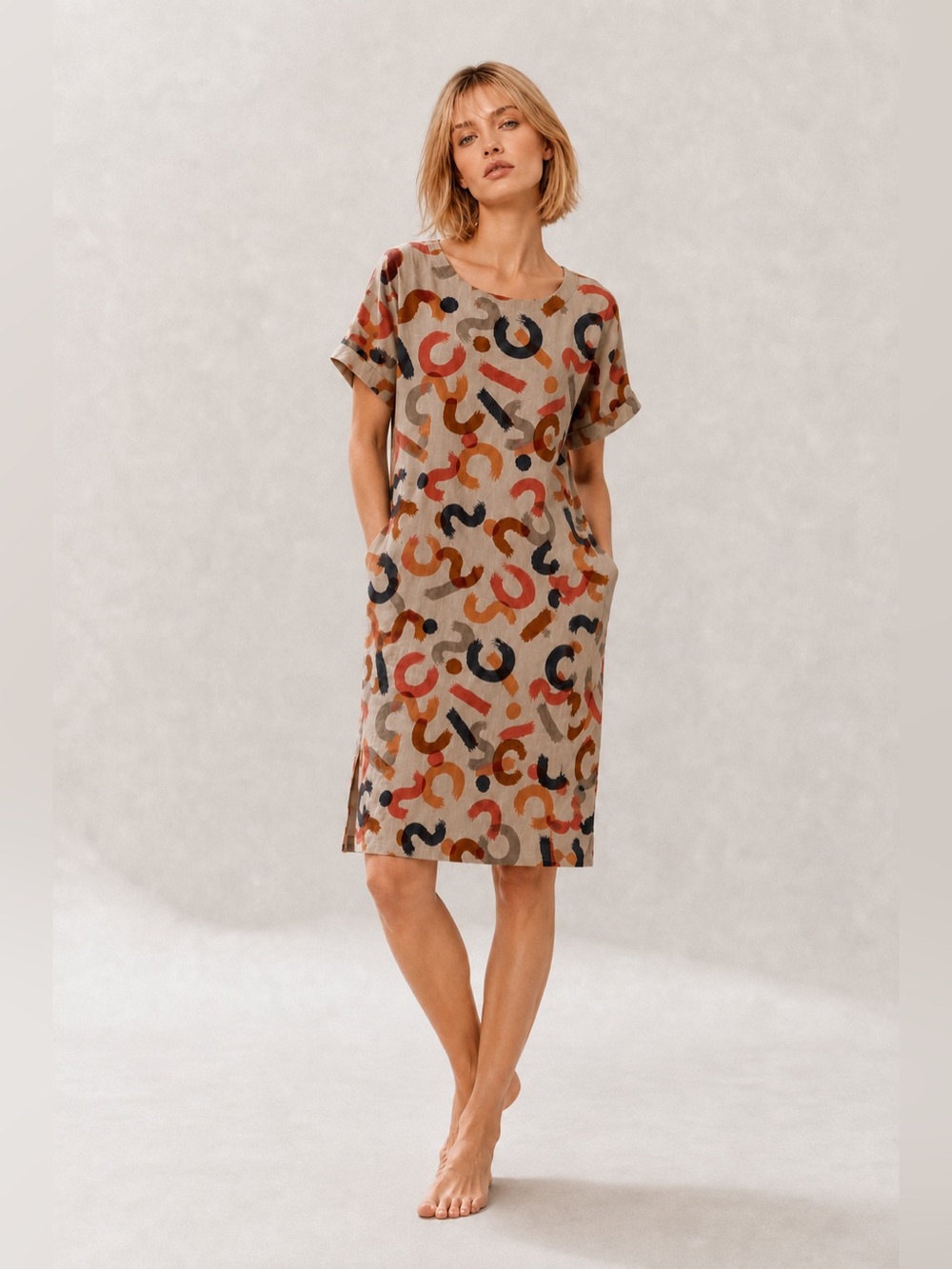 Vintage Style Boho Abstract Print Canvas Linen Feel Shift Dress Pockets Size L
